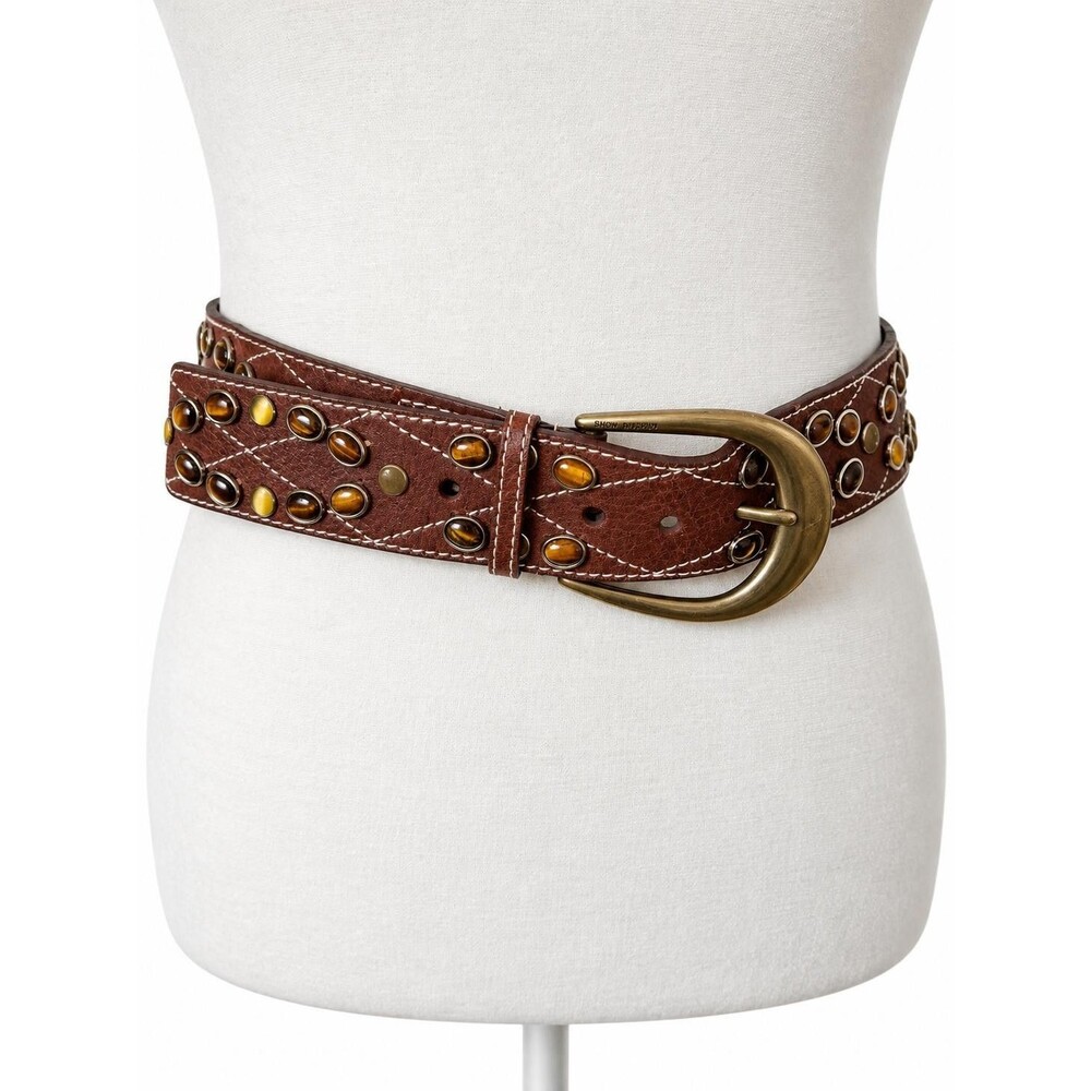 Michael Kors Womens XL Brown Leather Tiger Eye Stone Studded Belt Brass Buckle